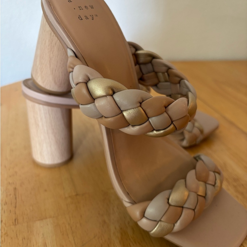 A New Day Braided Heeled Sandals - Beige and Gold